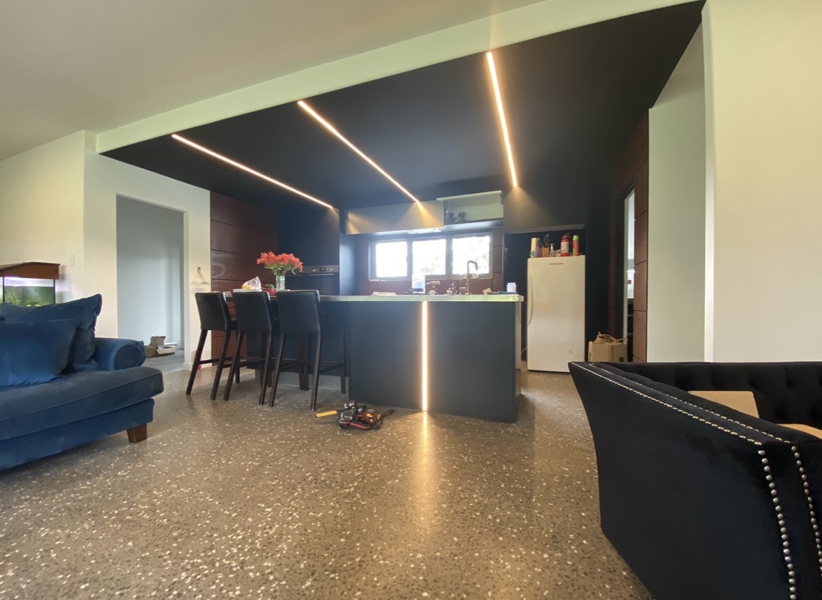LED strip lighting installation in a modern Whanganui kitchen by Boyd Electrical